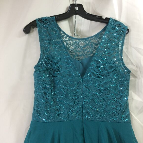 Berylove Hi Lo Lace Top Chiffon Dress Teal Green NO BELT Size M Deep V Back - Picture 7 of 8